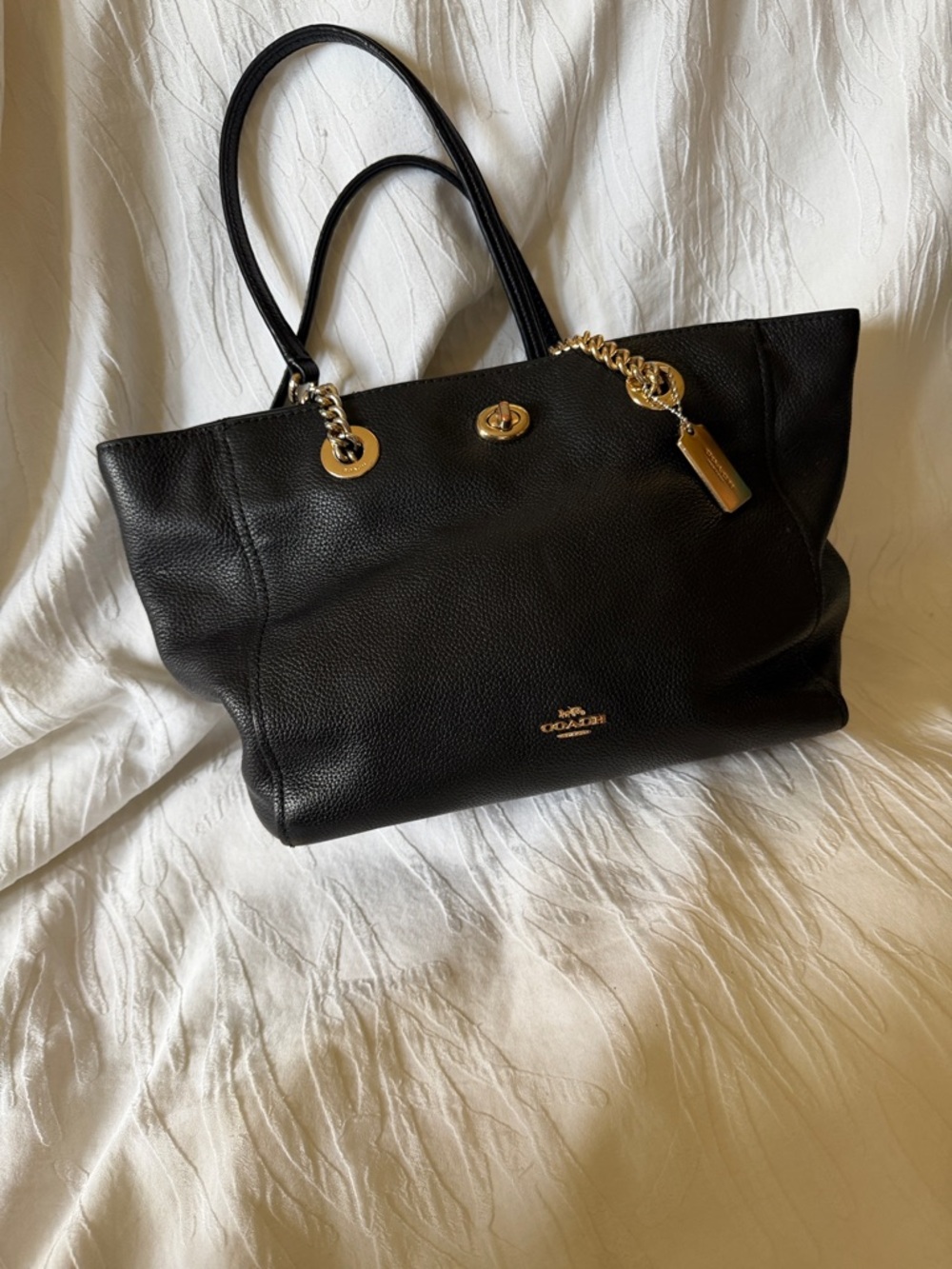 Coach Black Pebbled Leather Tote with Gold Hardware and Chain Detail